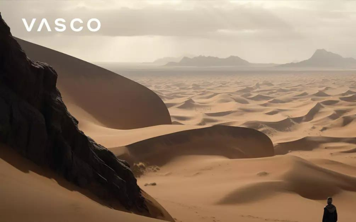 Un vasto deserto con una persona in lontananza in piedi nella parte inferiore dell'immagine.