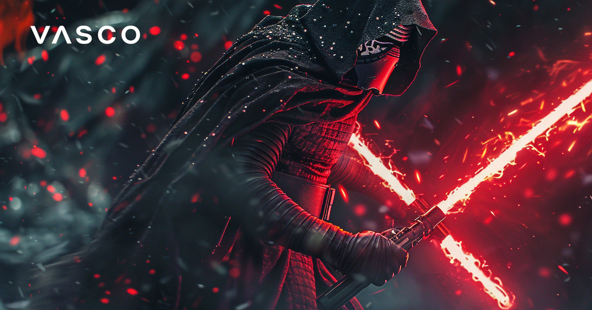 Un Sith con due spade laser rosse.