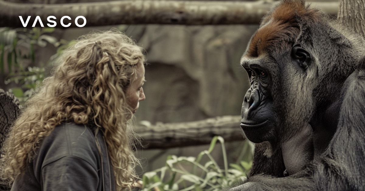 Una donna con capelli ricci seduta vicino e guardando un gorilla in un ambiente naturale.