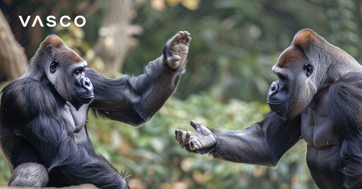 Due gorilla uno di fronte all'altro, con uno che solleva il braccio come se stesse gesticolando o comunicando.