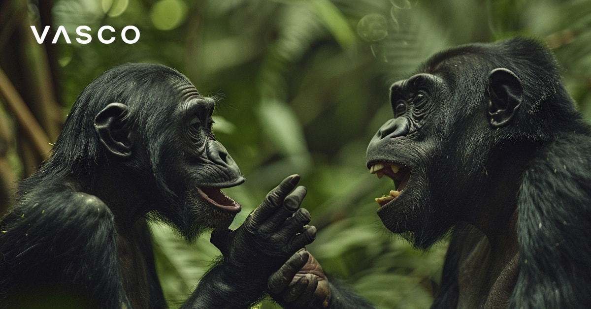 Due scimpanzé seduti molto vicini, che sembrano comunicare tra loro in un ambiente di foresta rigogliosa.