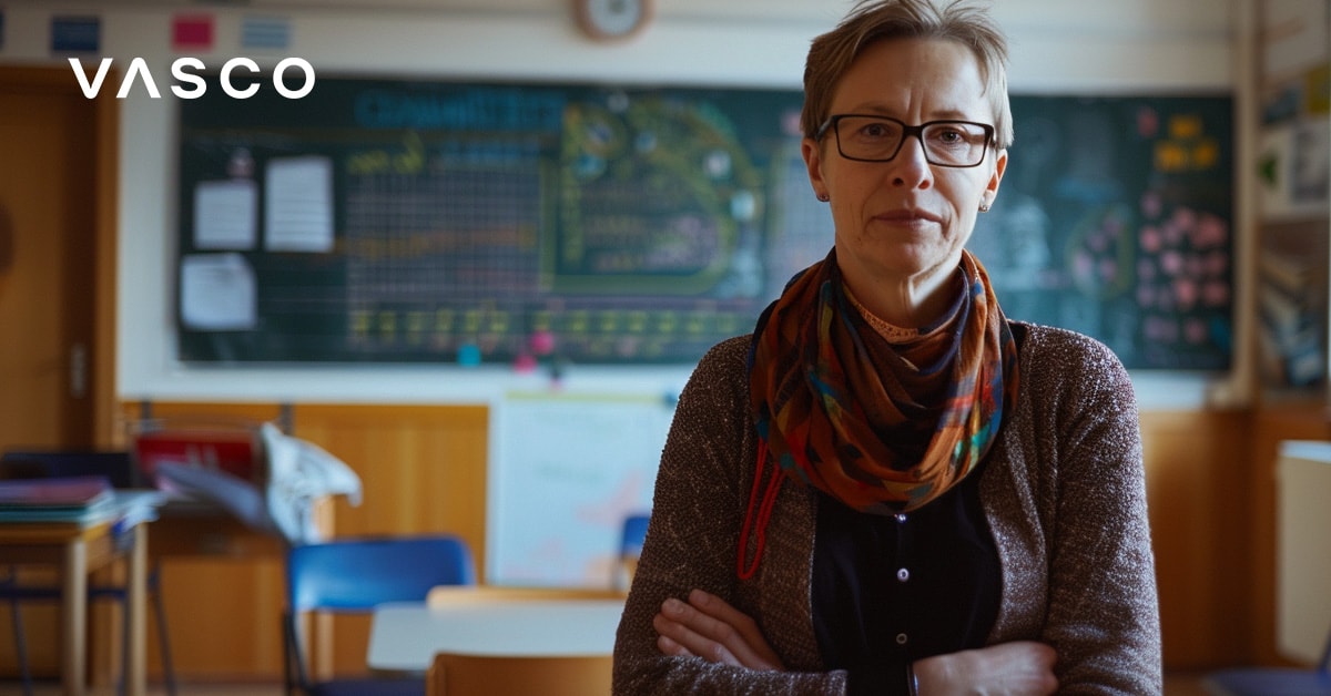 Un'insegnante in un'aula, in piedi con le braccia incrociate e un'espressione sicura. Dietro di lei, una lavagna e decorazioni scolastiche suggeriscono un ambiente educativo.