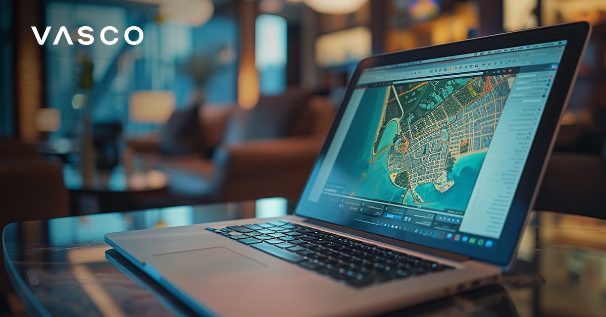 Laptop con la mappa di Dubai aperta, che mostra la pianificazione del viaggio con Vasco