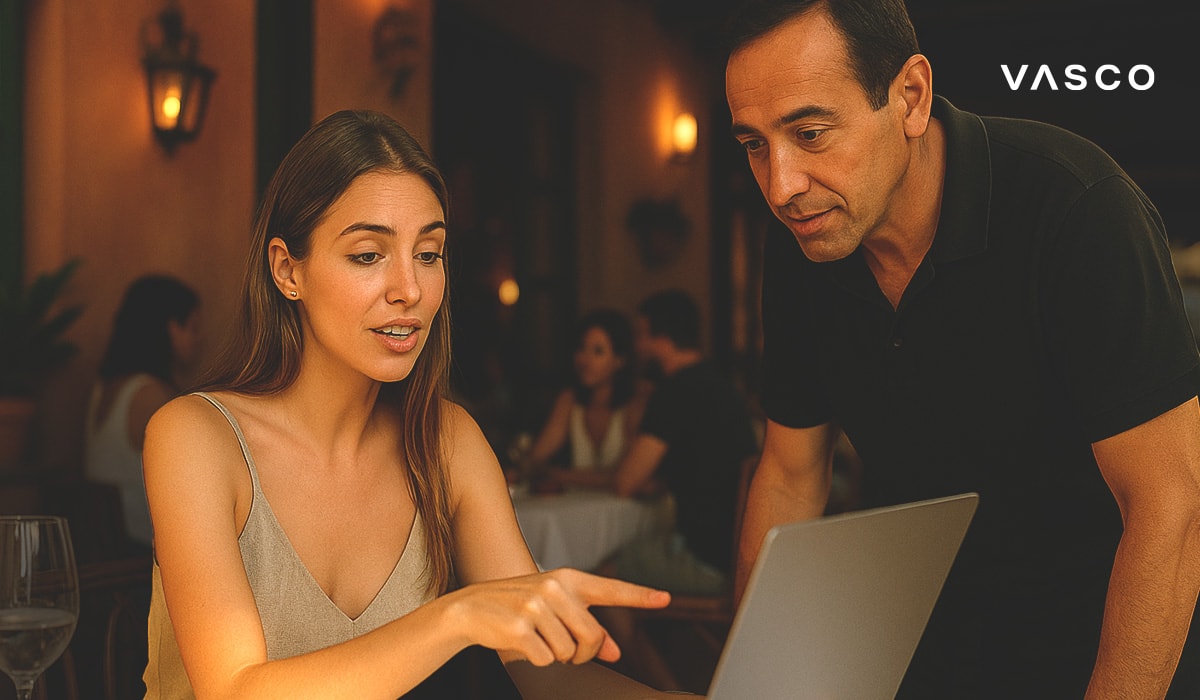 Una donna spiega qualcosa a un uomo su un laptop in un'accogliente ristorante.