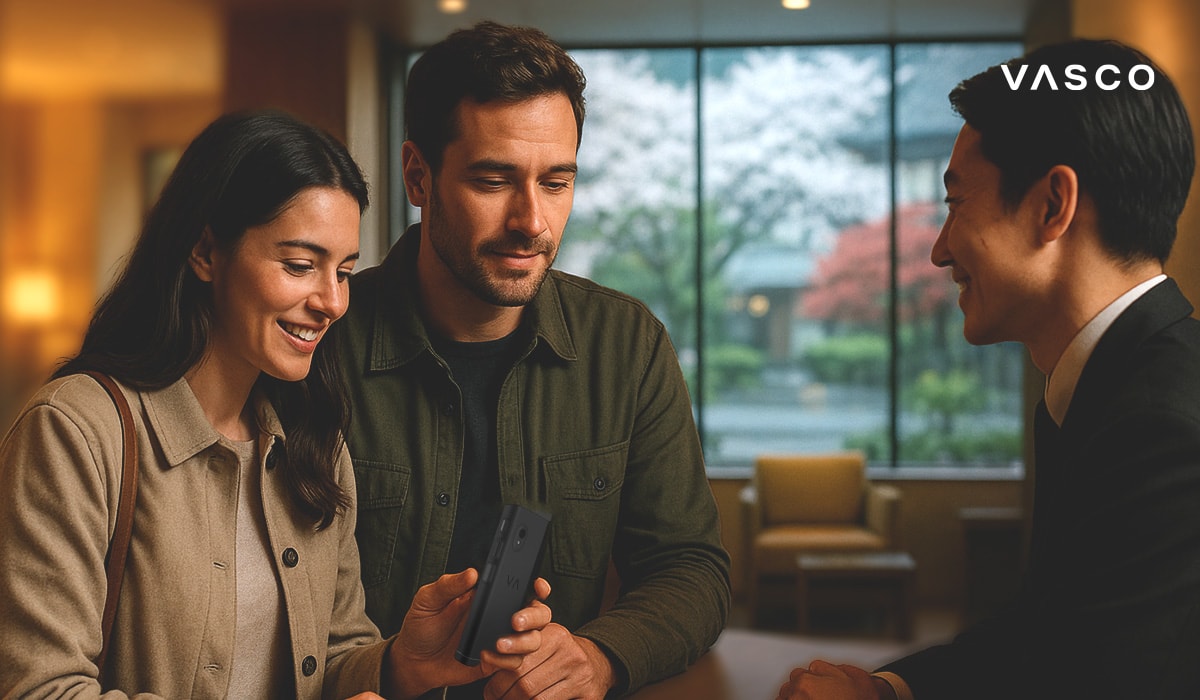 Una coppia usa un dispositivo di traduzione mentre parla con un receptionist di un hotel in una hall luminosa e moderna.
