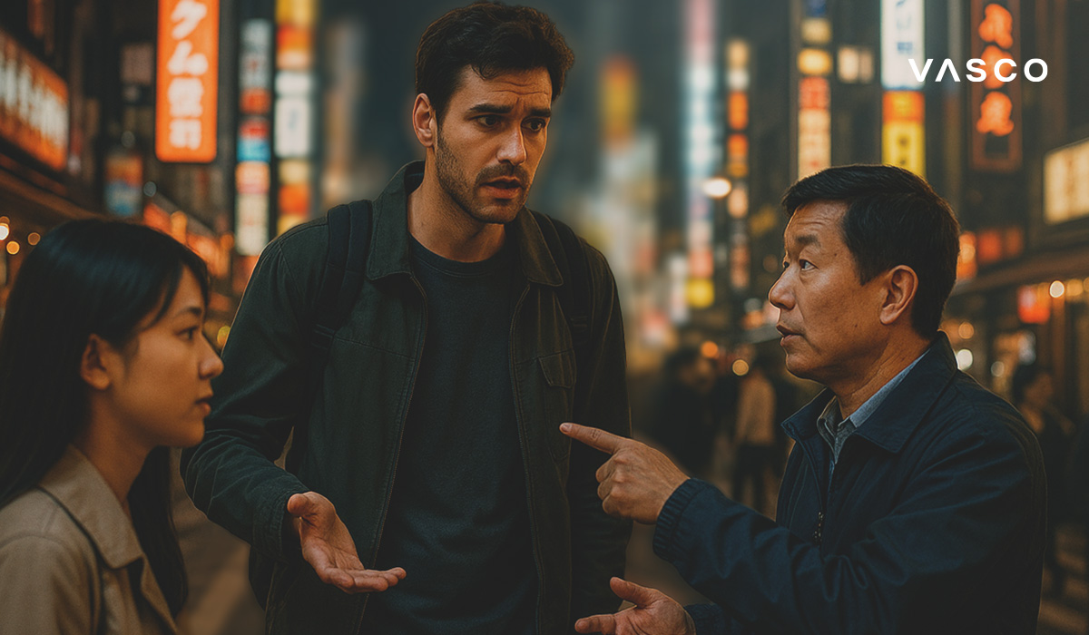Un turista confuso cerca di comunicare con un uomo del posto mentre una giovane donna ascolta, in una strada affollata di una città asiatica di notte.