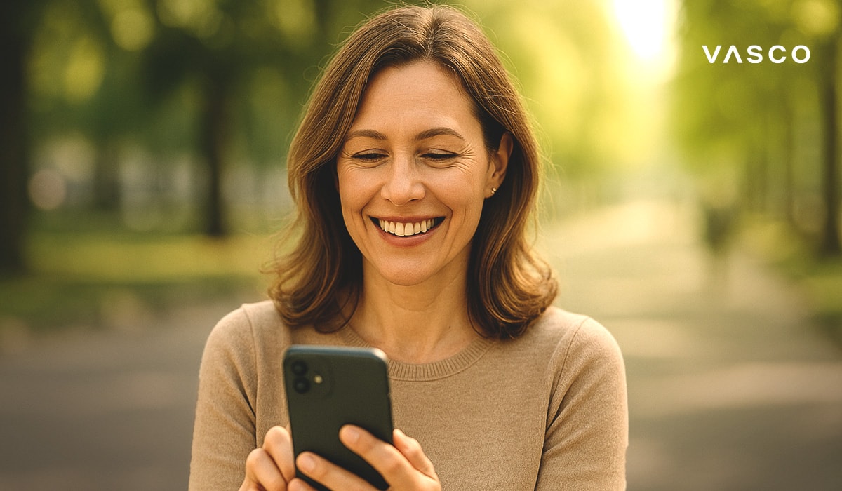 Una donna sorridente guarda il suo telefono mentre è in piedi su un sentiero alberato in un parco.