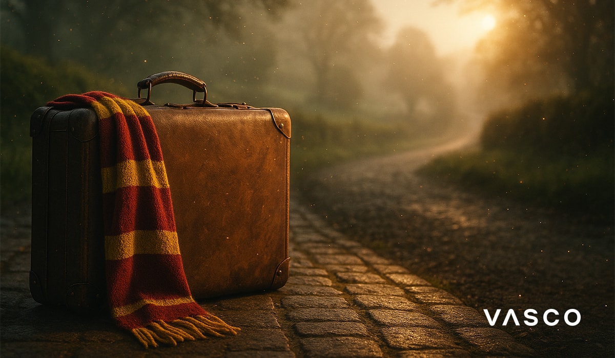 0fa2661c-4e63-42c4-ac42-e64893f519f4 Vecchia valigia con una sciarpa di Grifondoro su una strada acciottolata all’alba.