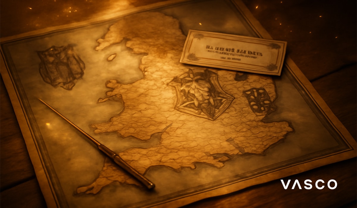 Mappa di pergamena della Gran Bretagna con stemmi delle scuole di magia e una bacchetta.