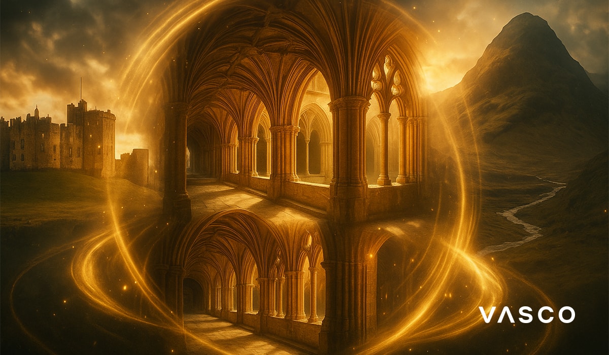 Chiostri magici circondati da vortici dorati di luce, con un castello e montagne sullo sfondo.
