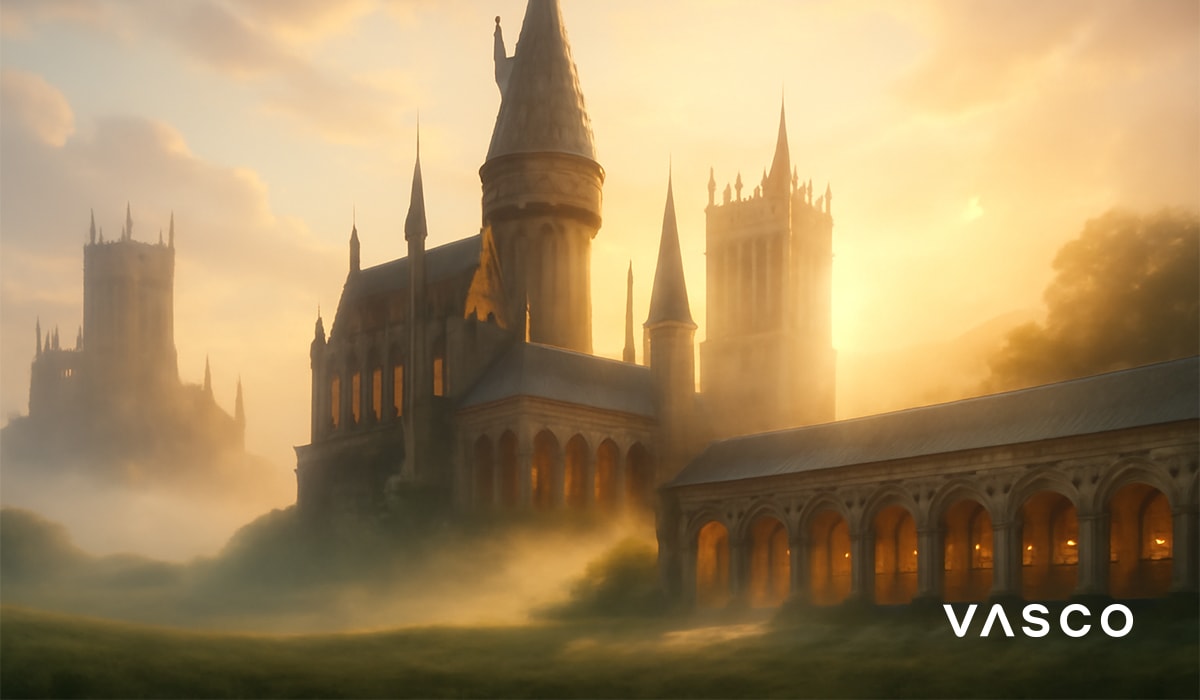 Castello in stile Hogwarts all’alba, circondato da nebbia e luce dorata.