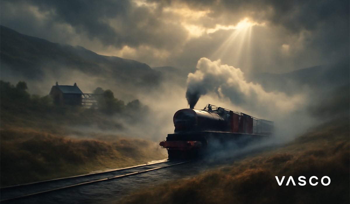 Treno a vapore che percorre un paesaggio montuoso, con nebbia e raggi di sole che filtrano tra le nuvole.