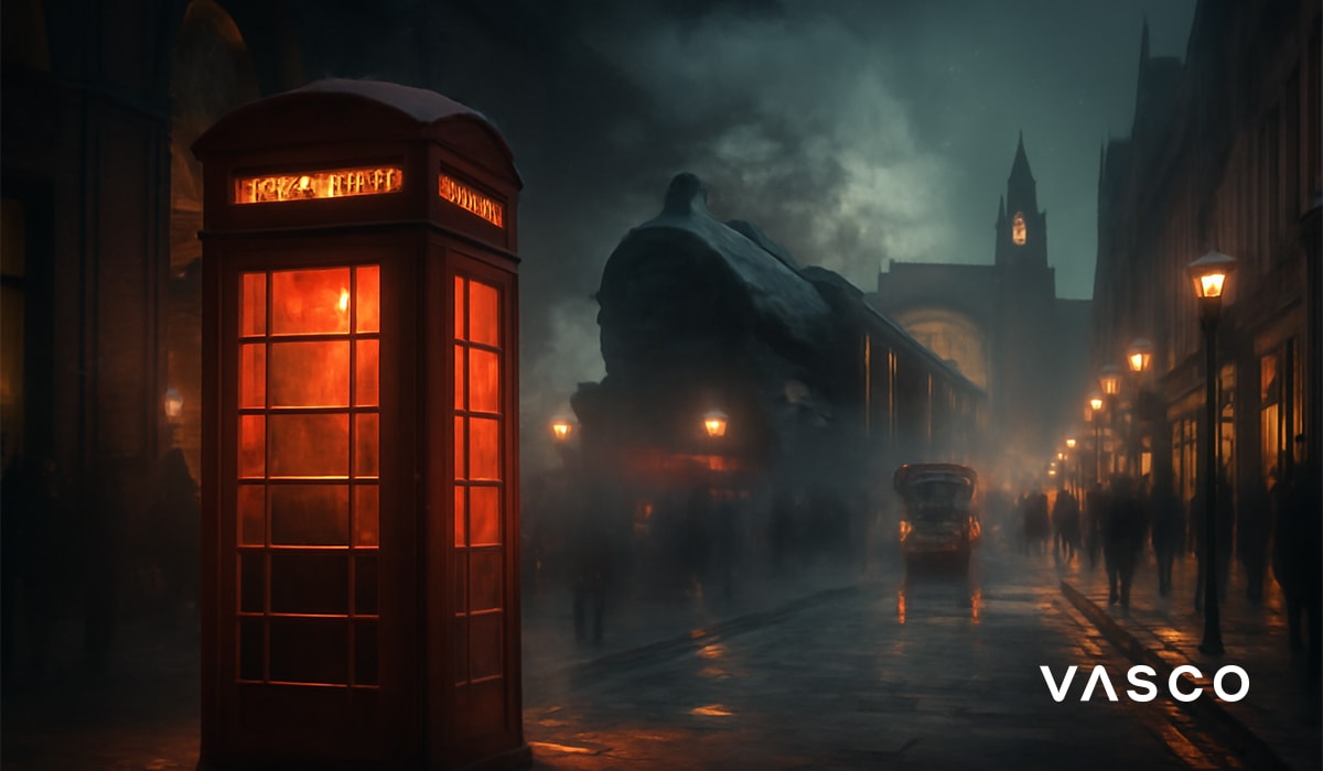 Cabina telefonica rossa e treno a vapore in una città notturna avvolta dalla nebbia.