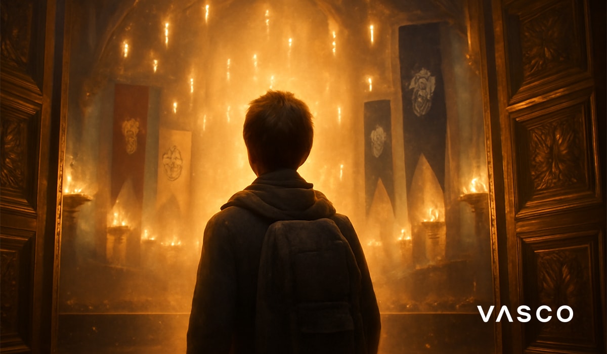 Ragazzo con uno zaino che entra in una sala piena di candele e stendardi delle case di Hogwarts.