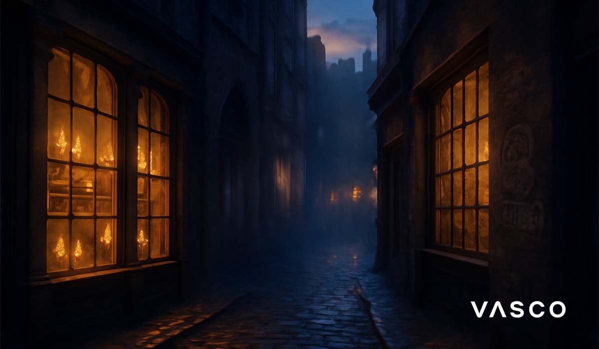 Stradina stretta con vetrine illuminate, che ricorda Diagon Alley.