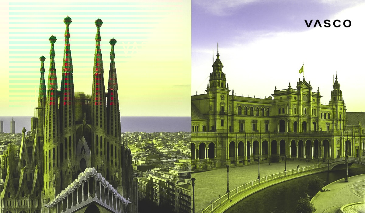 Immagine divisa che mostra la Sagrada Família di Barcellona a sinistra e Plaza de España di Siviglia a destra, mettendo in risalto i contrasti architettonici tra la Catalogna e l’Andalusia.