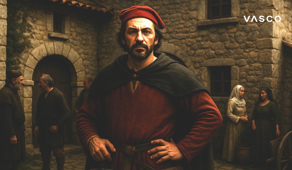Uomo in costume medievale con berretto rosso e mantello, in piedi davanti a edifici in pietra, con altre persone vestite con abiti storici nei paraggi.