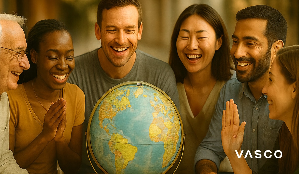 Gruppo di persone di culture diverse che sorridono e guardano insieme un mappamondo