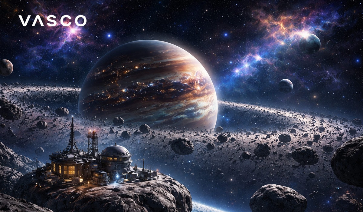 Due ufficiali che parlano su un pianeta roccioso.