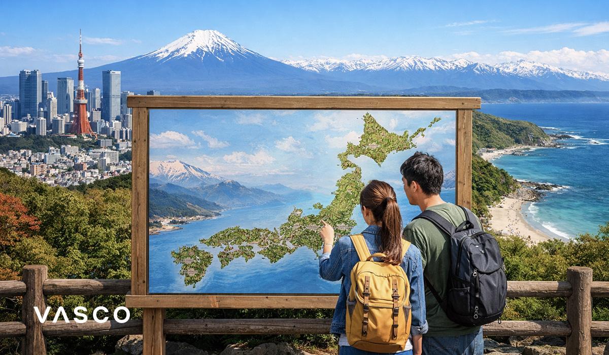 Coppia che guarda una mappa del Giappone con il Monte Fuji e lo skyline di Tokyo sullo sfondo - ispirazione per un viaggio in Giappone