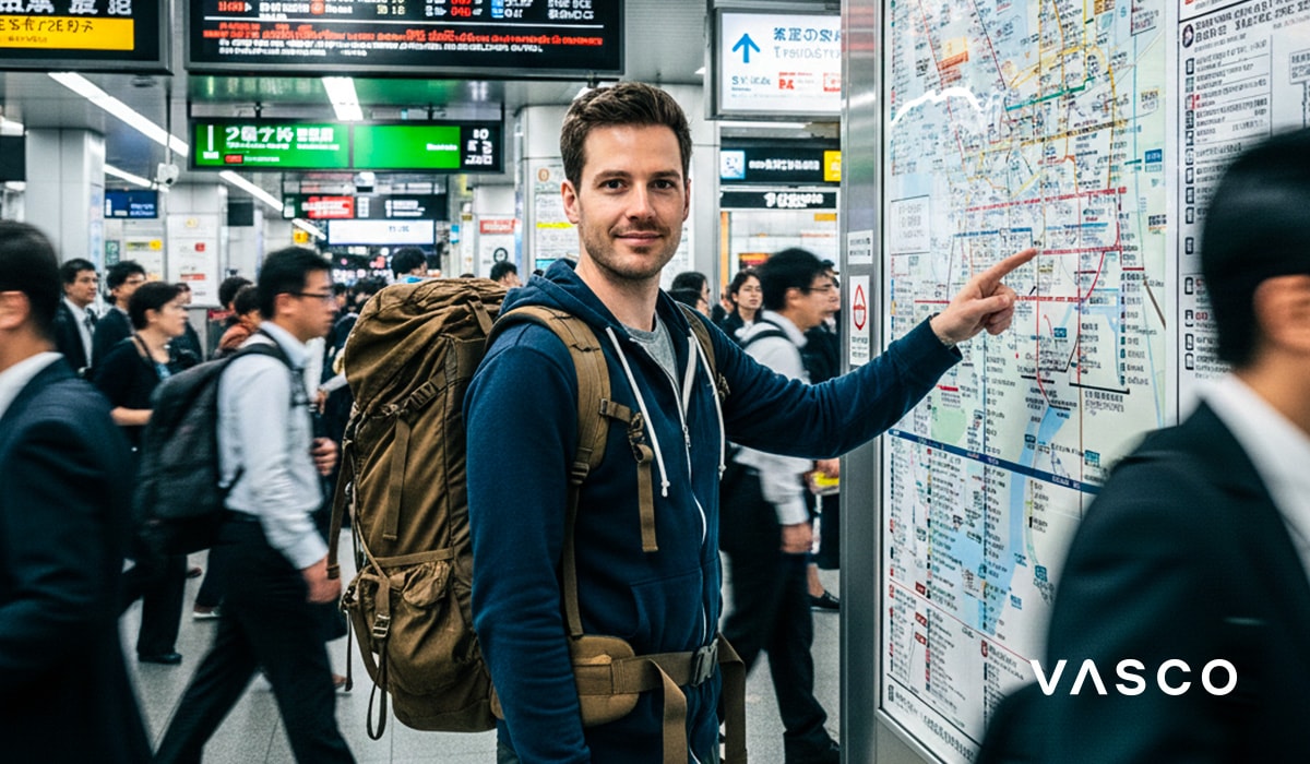 Turista con zaino che controlla la mappa della metropolitana di Tokyo - orientarsi nei trasporti pubblici durante un viaggio in Giappone