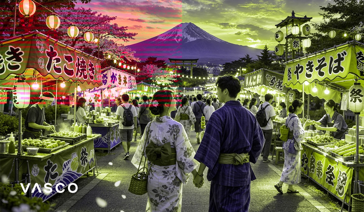 Coppia che esplora un mercato di street food giapponese con il Monte Fuji al tramonto - esperienza culturale in Giappone