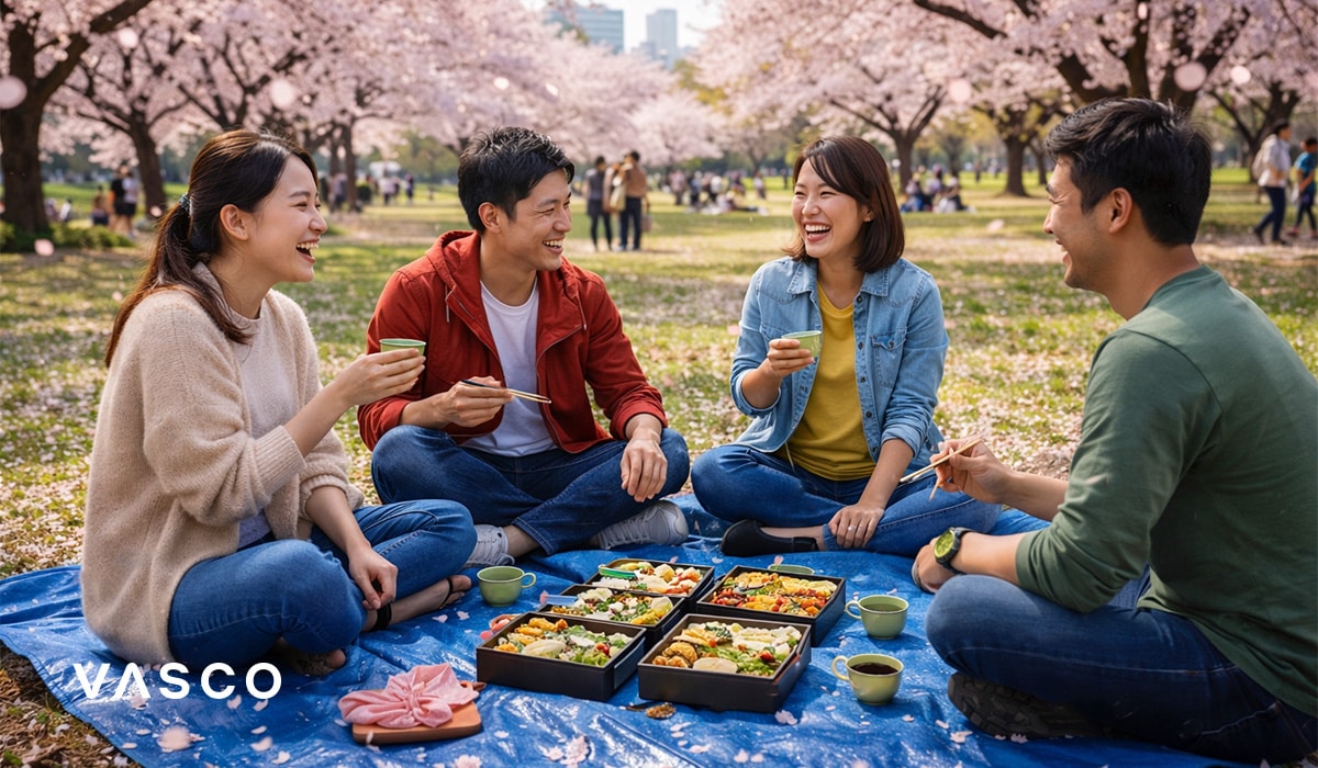 Amici che fanno un picnic sotto i ciliegi in fiore in un parco di Tokyo - viaggio primaverile in Giappone durante la stagione dei sakura