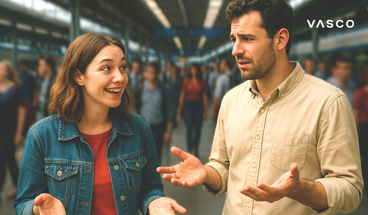 blog-01-uniwersal-zaseig Due viaggiatori che cercano di comunicare nonostante la barriera linguistica in una stazione affollata