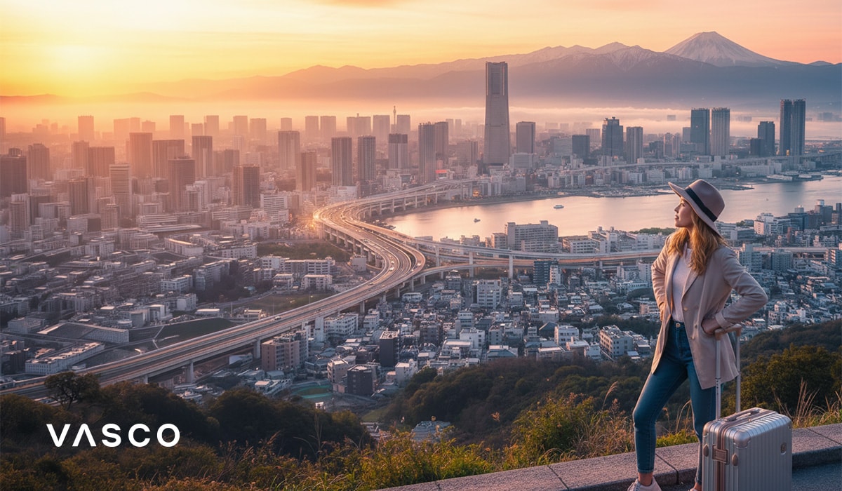 ed4183c3-af81-47af-98ec-313609dc2a19 Donna con valigia che osserva lo skyline di Tokyo e il Monte Fuji all’alba - prima visita in Giappone