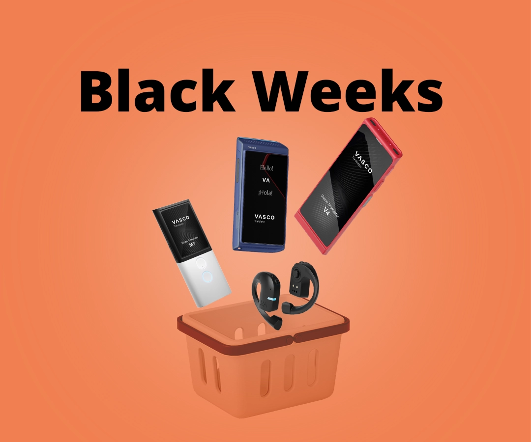 Traduttori Vasco V4, Q1, M3 ed E1 che cadono in un carrello della spesa su sfondo arancione. 