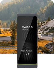 Un camper che va su una strada con boschi e montagne, accanto a un'immagine del Vasco Translator V4 in grigio pietra.